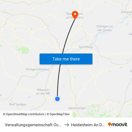 Verwaltungsgemeinschaft Ochsenhausen to Heidenheim An Der Brenz map