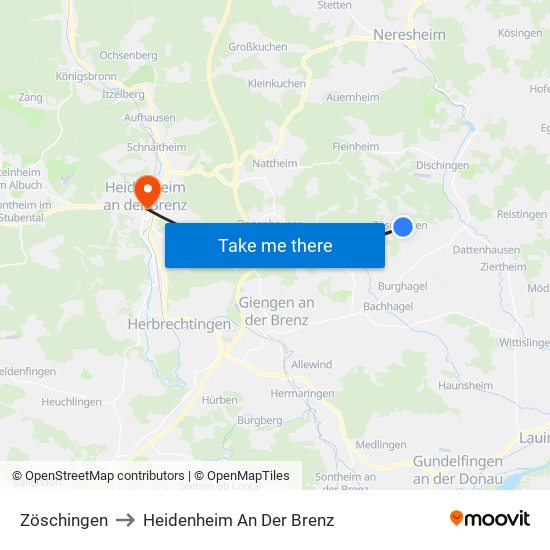 Zöschingen to Heidenheim An Der Brenz map