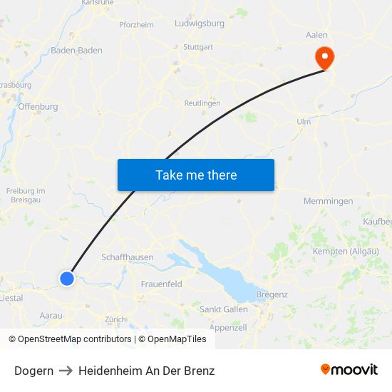 Dogern to Heidenheim An Der Brenz map