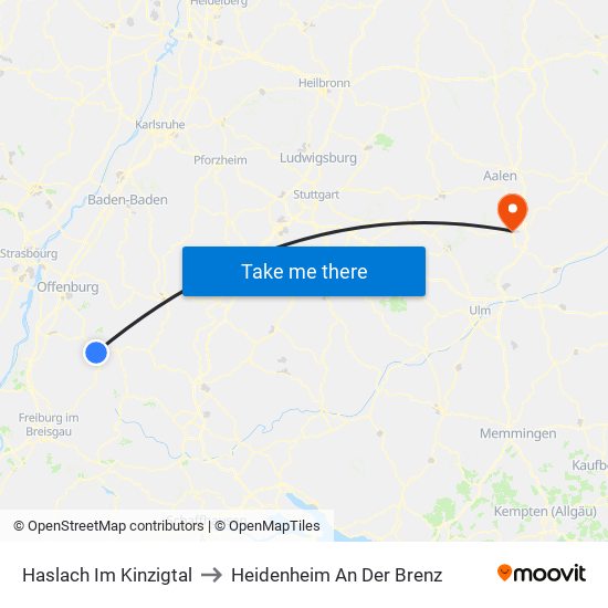 Haslach Im Kinzigtal to Heidenheim An Der Brenz map