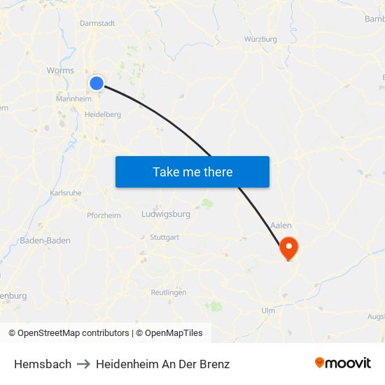 Hemsbach to Heidenheim An Der Brenz map