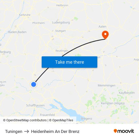 Tuningen to Heidenheim An Der Brenz map