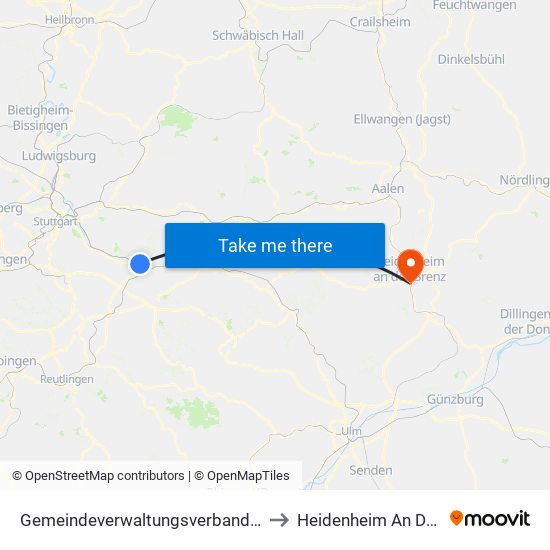 Gemeindeverwaltungsverband Plochingen to Heidenheim An Der Brenz map