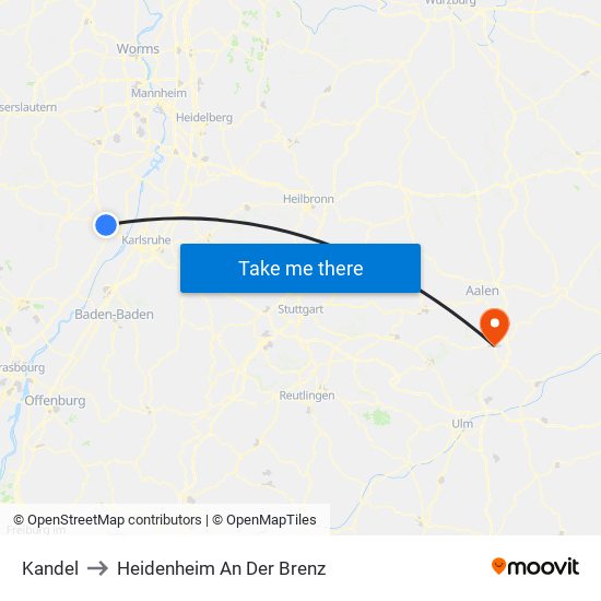 Kandel to Heidenheim An Der Brenz map