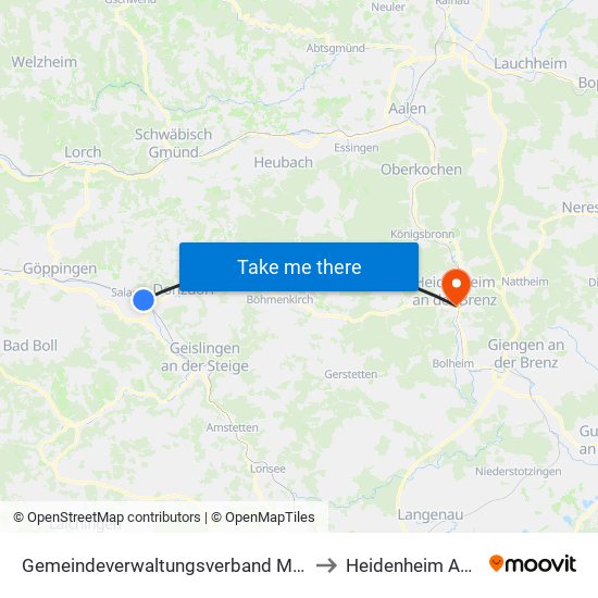 Gemeindeverwaltungsverband Mittleres Fils-Lautertal to Heidenheim An Der Brenz map