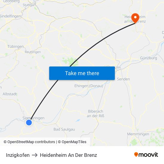 Inzigkofen to Heidenheim An Der Brenz map