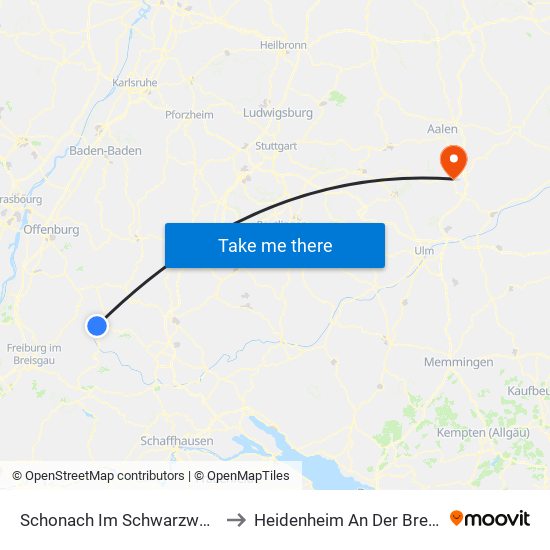 Schonach Im Schwarzwald to Heidenheim An Der Brenz map