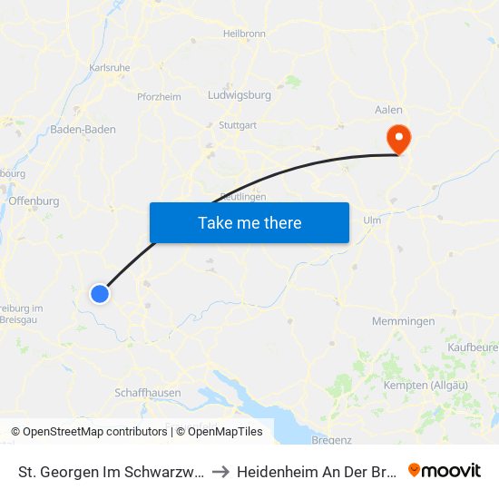 St. Georgen Im Schwarzwald to Heidenheim An Der Brenz map