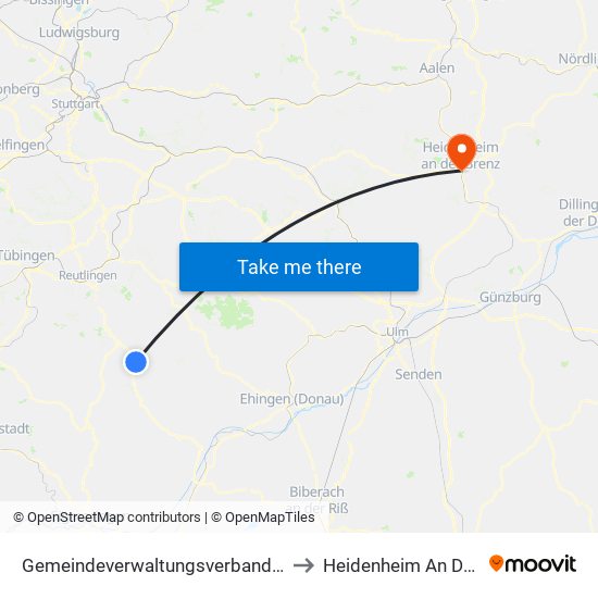 Gemeindeverwaltungsverband Engstingen to Heidenheim An Der Brenz map