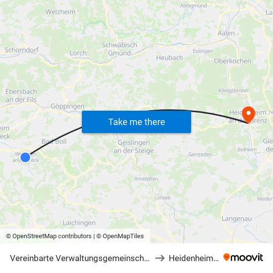 Vereinbarte Verwaltungsgemeinschaft Der Stadt Weilheim An Der Teck to Heidenheim An Der Brenz map