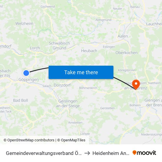 Gemeindeverwaltungsverband Östlicher Schurwald to Heidenheim An Der Brenz map