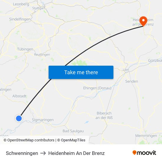 Schwenningen to Heidenheim An Der Brenz map