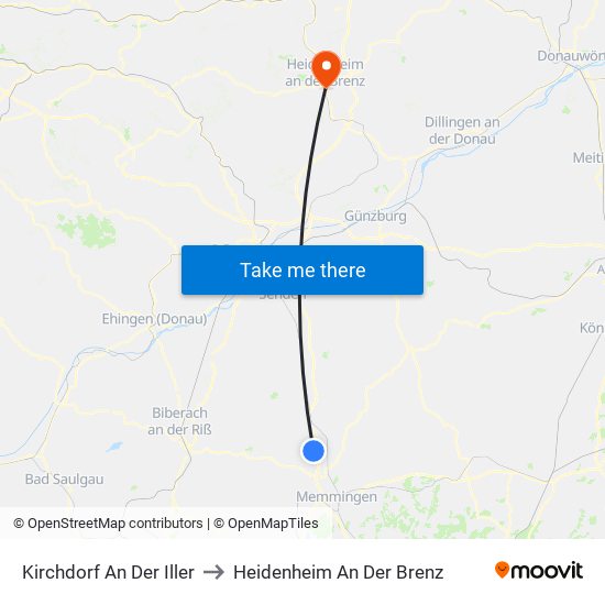 Kirchdorf An Der Iller to Heidenheim An Der Brenz map