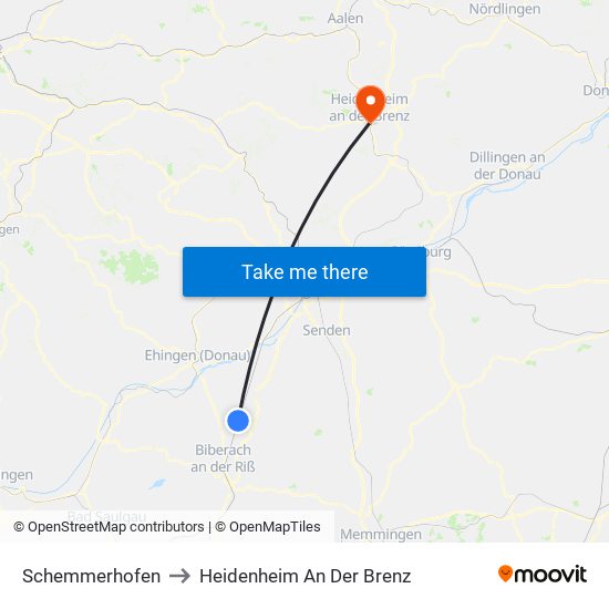 Schemmerhofen to Heidenheim An Der Brenz map
