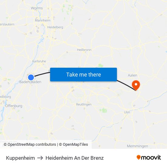 Kuppenheim to Heidenheim An Der Brenz map