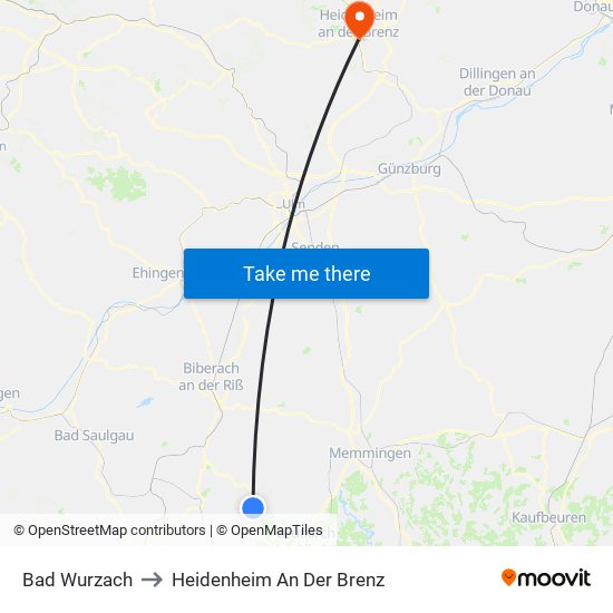 Bad Wurzach to Heidenheim An Der Brenz map