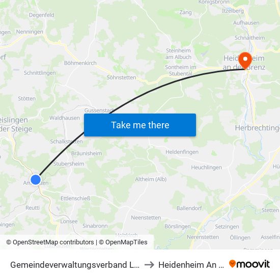 Gemeindeverwaltungsverband Lonsee-Amstetten to Heidenheim An Der Brenz map