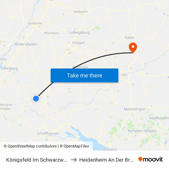 Königsfeld Im Schwarzwald to Heidenheim An Der Brenz map