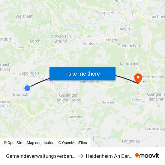 Gemeindeverwaltungsverband Voralb to Heidenheim An Der Brenz map