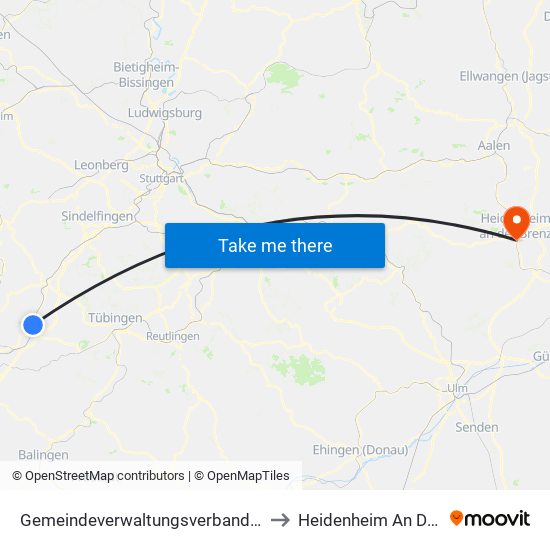Gemeindeverwaltungsverband Oberes Gäu to Heidenheim An Der Brenz map