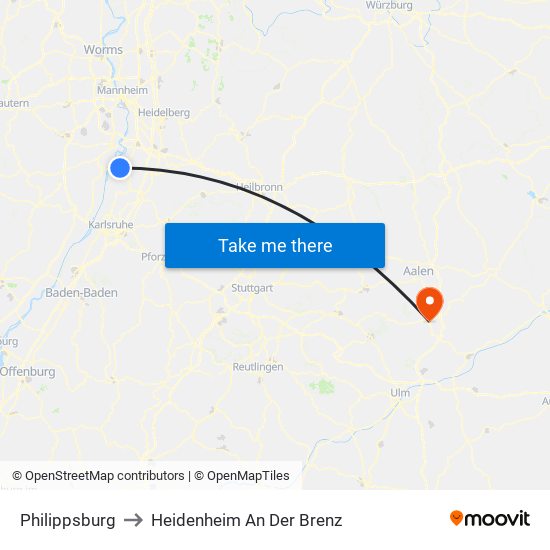 Philippsburg to Heidenheim An Der Brenz map