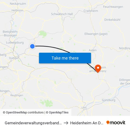 Gemeindeverwaltungsverband Winnenden to Heidenheim An Der Brenz map
