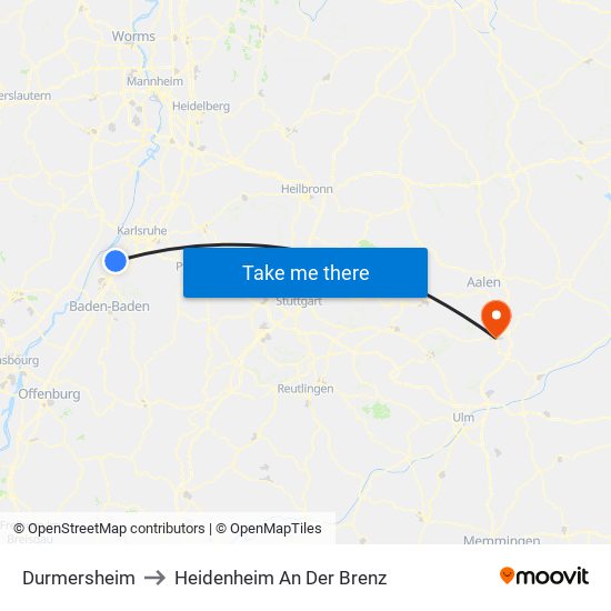 Durmersheim to Heidenheim An Der Brenz map