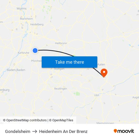 Gondelsheim to Heidenheim An Der Brenz map