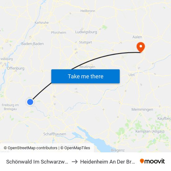 Schönwald Im Schwarzwald to Heidenheim An Der Brenz map