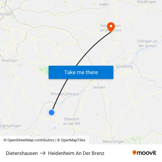 Dietershausen to Heidenheim An Der Brenz map