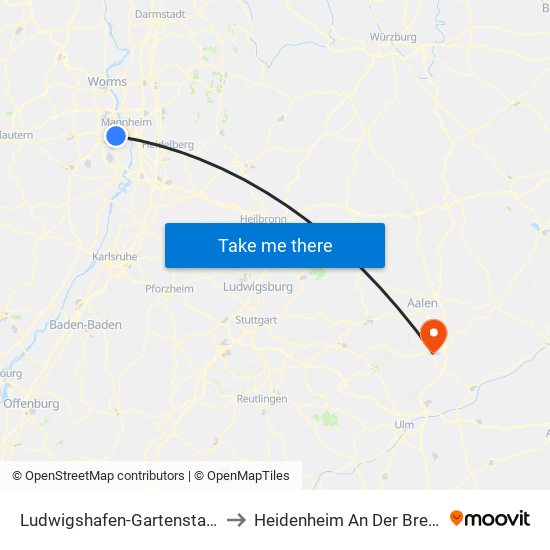 Ludwigshafen-Gartenstadt to Heidenheim An Der Brenz map