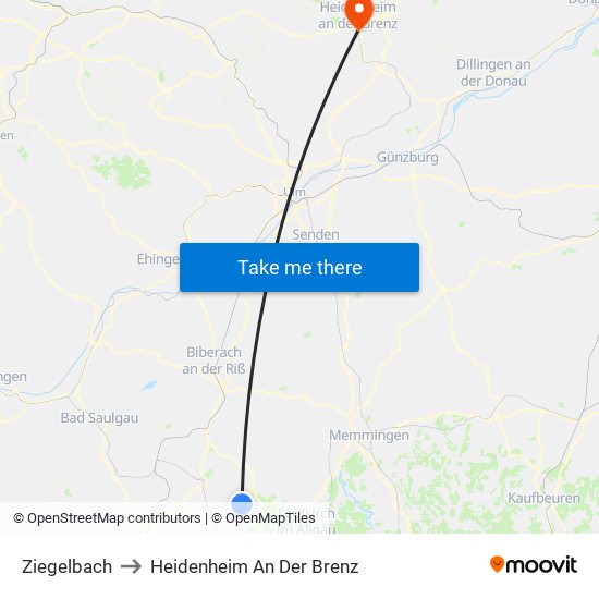 Ziegelbach to Heidenheim An Der Brenz map