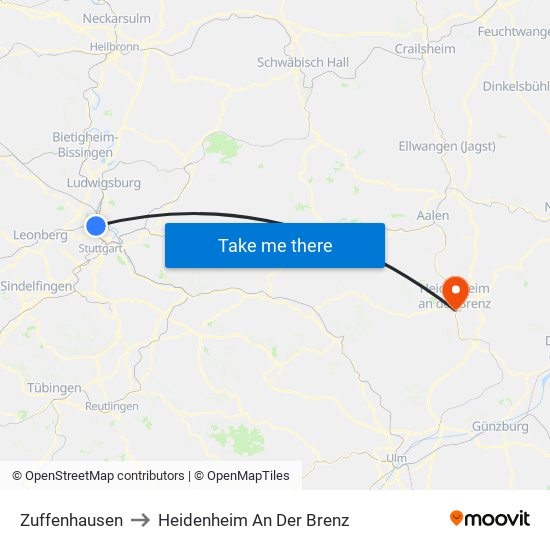 Zuffenhausen to Heidenheim An Der Brenz map