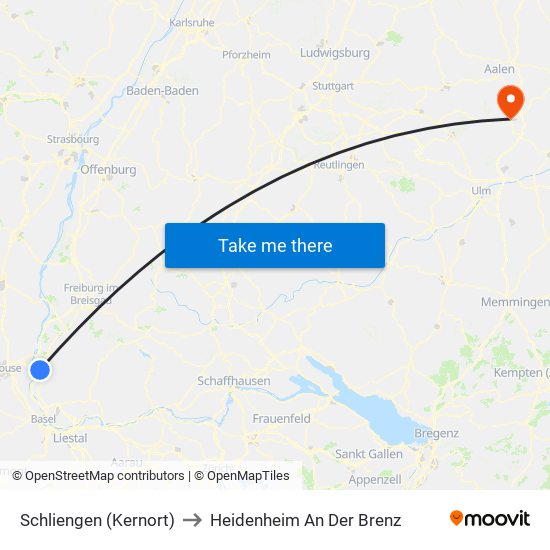 Schliengen (Kernort) to Heidenheim An Der Brenz map