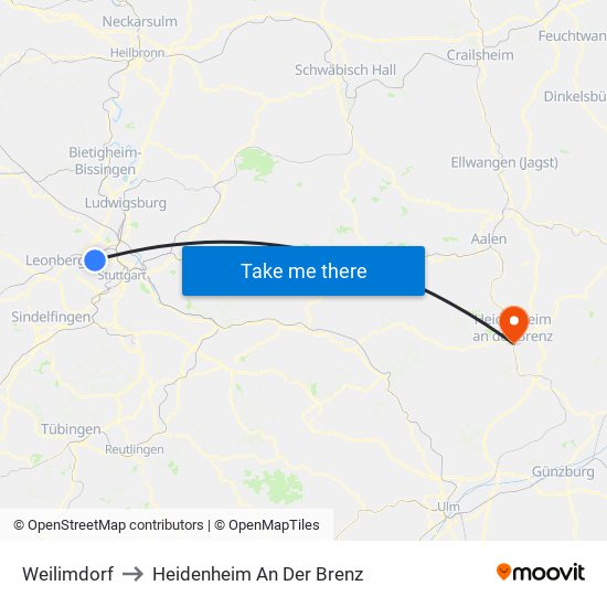 Weilimdorf to Heidenheim An Der Brenz map