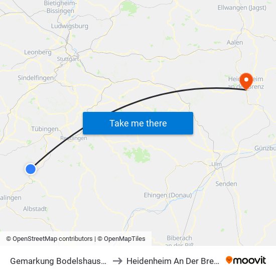 Gemarkung Bodelshausen to Heidenheim An Der Brenz map