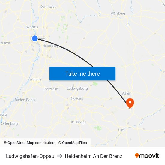 Ludwigshafen-Oppau to Heidenheim An Der Brenz map