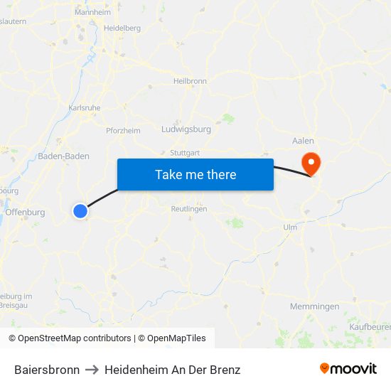 Baiersbronn to Heidenheim An Der Brenz map