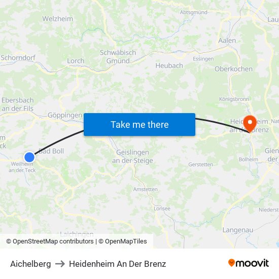 Aichelberg to Heidenheim An Der Brenz map