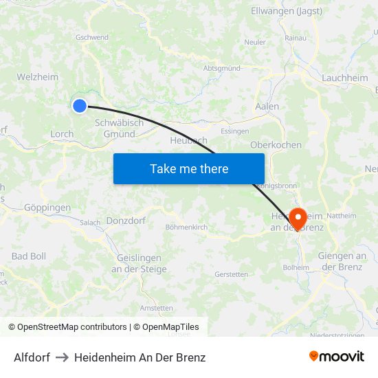 Alfdorf to Heidenheim An Der Brenz map