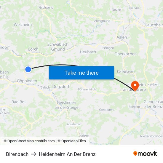 Birenbach to Heidenheim An Der Brenz map