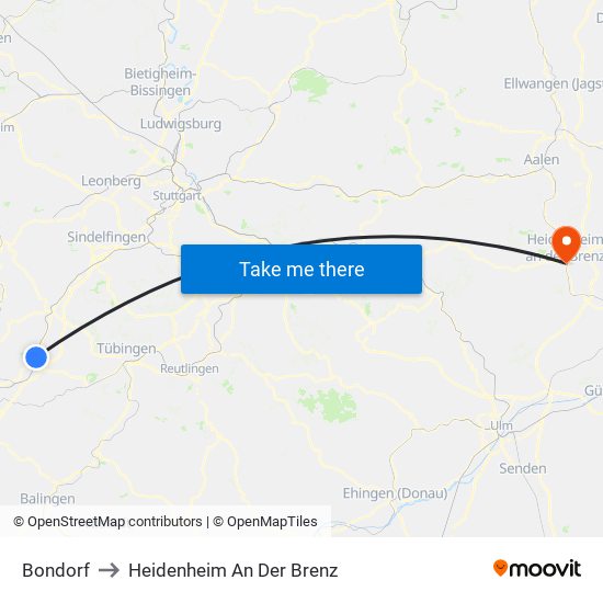 Bondorf to Heidenheim An Der Brenz map