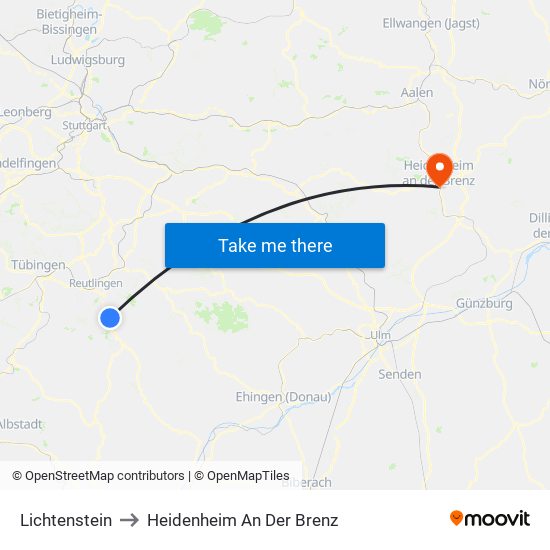 Lichtenstein to Heidenheim An Der Brenz map