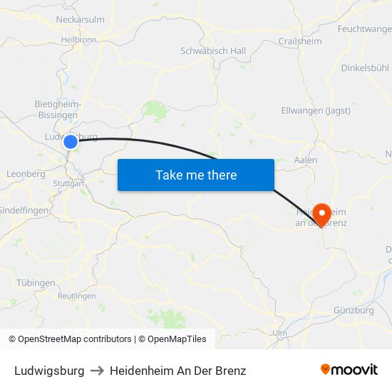 Ludwigsburg to Heidenheim An Der Brenz map