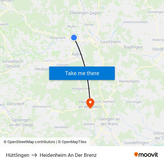Hüttlingen to Heidenheim An Der Brenz map