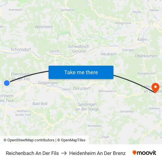 Reichenbach An Der Fils to Heidenheim An Der Brenz map