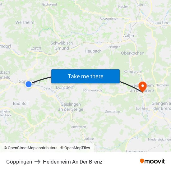 Göppingen to Heidenheim An Der Brenz map