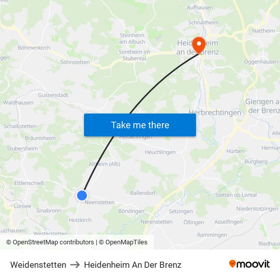 Weidenstetten to Heidenheim An Der Brenz map