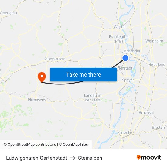 Ludwigshafen-Gartenstadt to Steinalben map