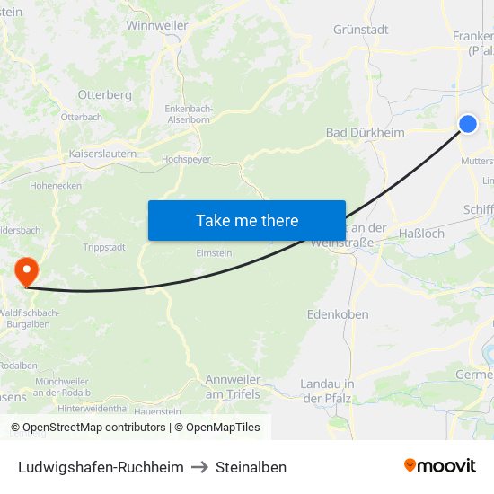 Ludwigshafen-Ruchheim to Steinalben map